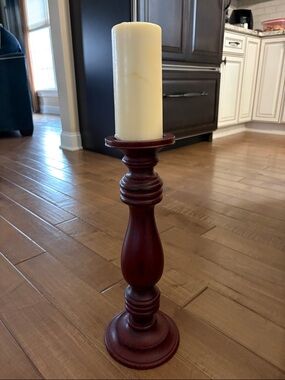 Turned Wooden Candle Holder with Ivory Pillar Candle - Red